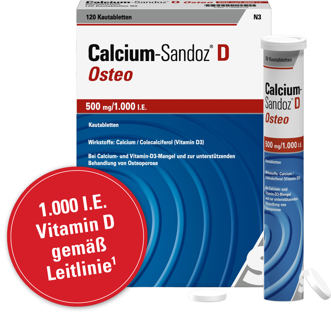 <span class="text-nowrap">Calcium-Sandoz<sup>®</sup></span> D Osteo 500 mg/ 1000 I.E. Kautabletten – den Knochen zuliebe